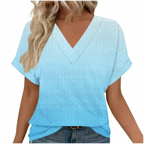 Olyvenn Womens Tops Short Sleeve T Shirt Summer V Neck Casual Top 2025 Spring Cute Basic Trendy Outfits Fashion Light Blue L