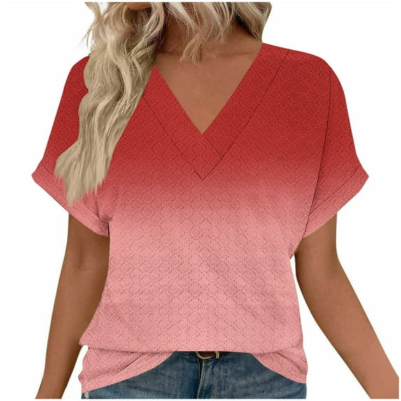 Olyvenn Womens Tops Short Sleeve T Shirt Summer V Neck Casual Top 2025 Spring Cute Basic Trendy Outfits Fashion Red XL