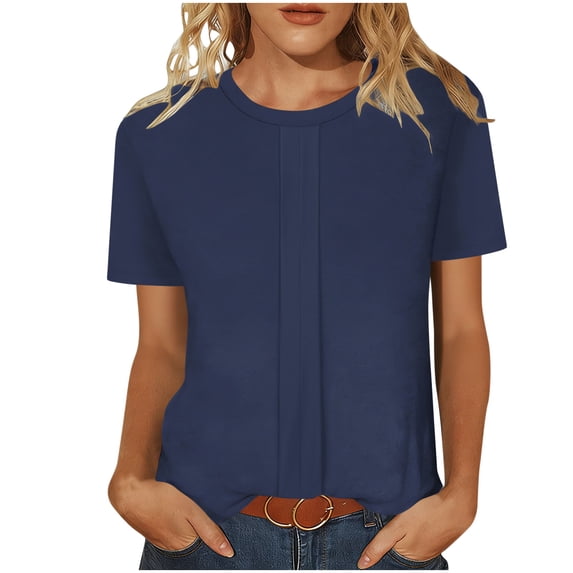 Olyvenn Womens Tops Short Sleeve T-Shirts Blouses Dressy Casual Business Shirts Pleated Summer Top Basic Comfy Clothes Navy M