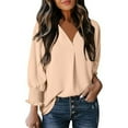 thumbnail image 1 of Olyvenn Womens Tops Spring Fashion 2025 Dressy Casual Blouses V Neck Cute Babydoll Long Sleeve Shirts Turndown Collar Irregular Blouse Beige 8, 1 of 6