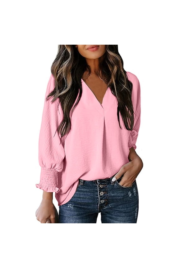 Womens Tops Spring Fashion 2025 Dressy Casual Blouses V Neck Cute Babydoll Long Sleeve Shirts Turndown Collar Irregular Blouse Pink 10