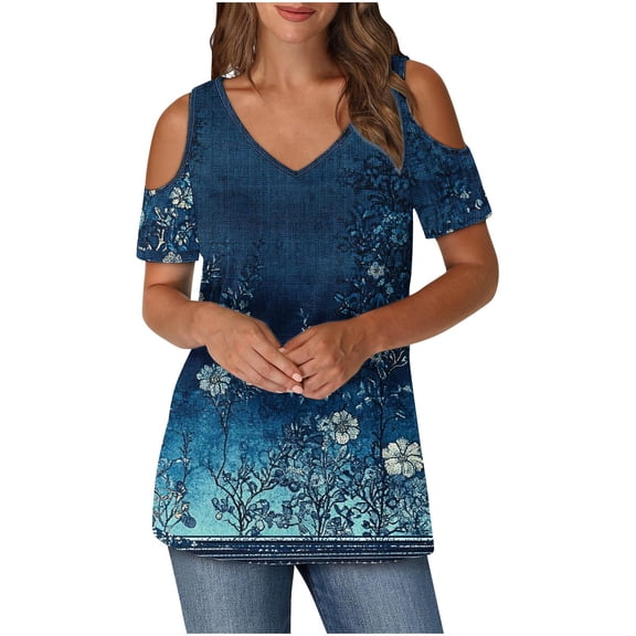 Olyvenn Womens Tops Summer 2025 Cold Shoulder Short Sleeve Tunic Shirt Casual V Neck Floral Print Blouses Blue L