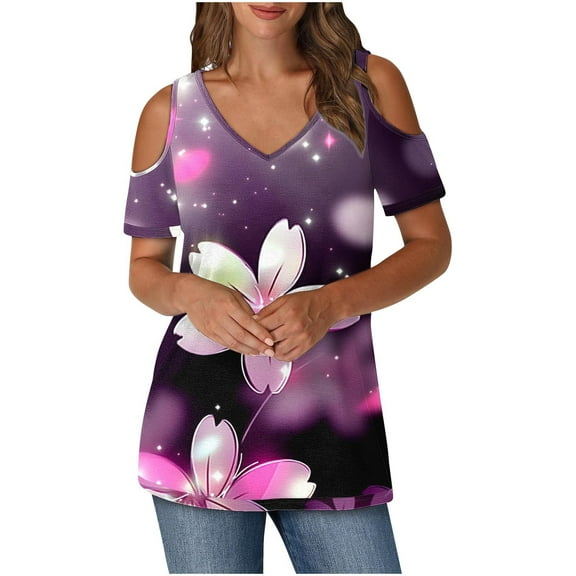 Olyvenn Womens Tops Summer 2025 Cold Shoulder Short Sleeve Tunic Shirt Casual V Neck Floral Print Blouses Pink S