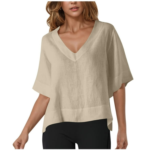 Olyvenn Womens Tops Summer Short Sleeve T Shirt V Neck Casual Pullover Tops Vintage Boho Blouse Solid Color Travel Outfits Beige S