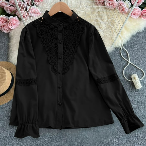 Olyvenn Womens Tops Women Fashion Solid Lace Hollow Out Casual Button Shirt Long Sleeve Mock Neck Shirts Blouses Black XXL