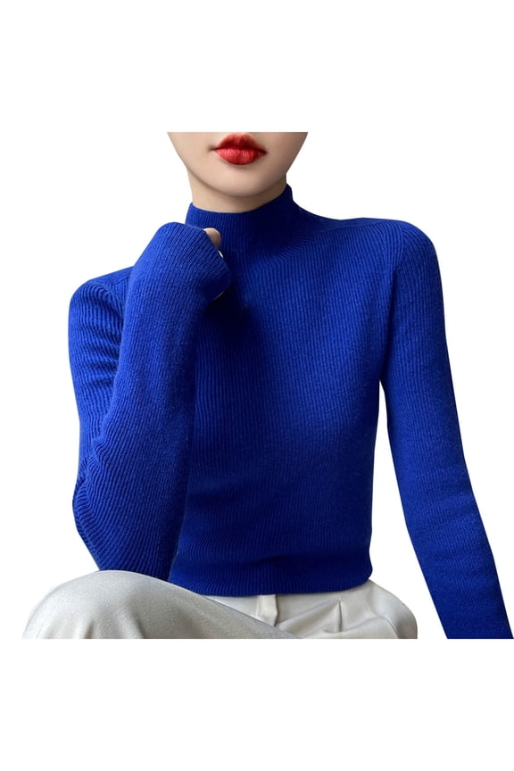 Womens Trendy Casual Underwear Turtleneck Sweatershirt Tops Fall Winter Solid Color Long Sleeve Pullover Sweater Blue M