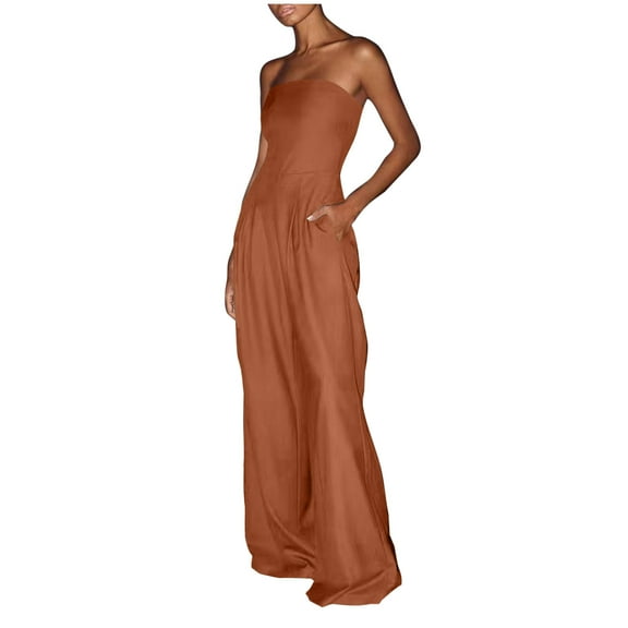 Olyvenn Womens Tube Top Jumpsuits Strapless Wide Leg Bustier Jumpsuit Backless Baggy Long Pants Rompers Overalls with Pocket Brown S