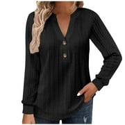 Olyvenn Womens Tunic Blouse Shirts Winter Warm Buttons Slit V-neck Fall Tops Slim Fit Comfy Flowy Casual Blouse Raglan Sleeve Long Sleeve Pullover Stripe Solid Tees Outfits Fashion Black 4