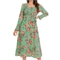 thumbnail image 1 of Olyvenn Womens Tunic Boho Beach Long Dress Fashion Retro Elegant Floral House Dress Round Neck Bandage High Waist Pleated Swing Flowy Smocked Ruffled Flared Long Sleeve Prom Dress Green 8, 1 of 8