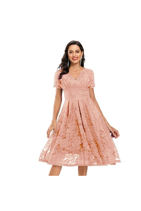 Womens Tunic Cocktail Ball Gown Evening Dress Lace Large Swing High Waist Flowy Summer Ruffled Short Sleeve Dresses for Women 2024 Spring Lace Patchwork Floral Sundress Fashion Pink 8