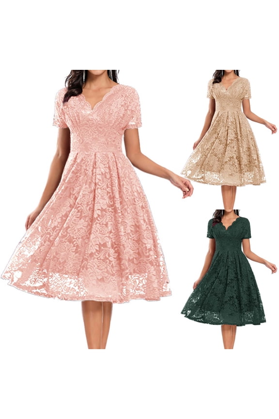 Womens Tunic Cocktail Ball Gown Evening Dress Lace Large Swing High Waist Flowy Summer Ruffled Short Sleeve Dresses for Women 2024 Spring Lace Patchwork Floral Sundress Fashion Green 4
