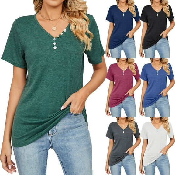 Olyvenn Womens Tunic Cotton Casual Shirts Cap Sleeve Short Sleeve Blouse Buttons Trendy V Neck Summer Tops Vacation Loose Fit Flowy Casual Shirts Spring Cute Solid Color Basic Tees Black 4