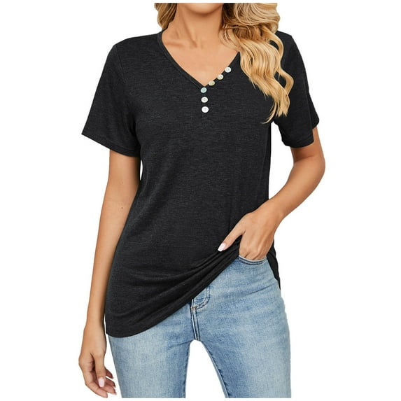 Olyvenn Womens Tunic Cotton Casual Shirts Cap Sleeve Short Sleeve Blouse Buttons Trendy V Neck Summer Tops Vacation Loose Fit Flowy Casual Shirts Spring Cute Solid Color Basic Tees Black 10