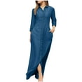 thumbnail image 1 of Olyvenn Womens Tunic Cotton Linen Shirt Dress Elegant Solid House Dress Buttons Lapel V Neck Blouse Button Down Slim Fit Flowy Casual Pockets Smocked Long Sleeve Prom Dress Fashion Slip Blue 6, 1 of 5