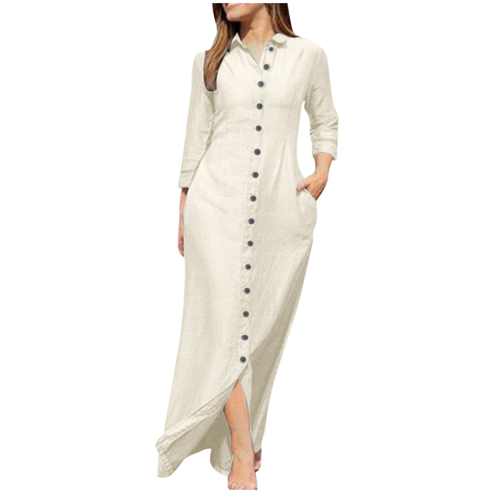 Olyvenn Womens Tunic Cotton Linen Shirt Dress Elegant Solid House Dress  Buttons Lapel V Neck Blouse Button Down Slim Fit Flowy Casual Pockets  Smocked Long Sleeve Prom Dress Fashion Slip White 6 -
