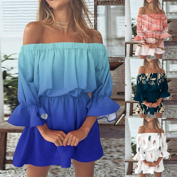 Olyvenn Womens Tunic Flared Babydoll Dress Elastic Waist Pleated Flowy Casual Summer Ruffled Bell Sleeve Long Sleeve Dresses for Women 2024 Elegant Gradient Tie-dye Sundress Fashion Blue 12