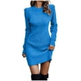 thumbnail image 1 of Olyvenn Womens Tunic Hip Wrap Knitted Sweater Bodycon Dress Fashion Classic Solid House Dress Mock Neck Ruched Warm Slim Fit Casual Flowy Smocked Raglan Cap Long Sleeve Prom Dress Sky Blue 4, 1 of 7