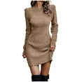 thumbnail image 1 of Olyvenn Womens Tunic Hip Wrap Knitted Sweater Bodycon Dress Fashion Classic Solid House Dress Mock Neck Ruched Warm Slim Fit Casual Flowy Smocked Raglan Cap Long Sleeve Prom Dress Khaki 6, 1 of 7