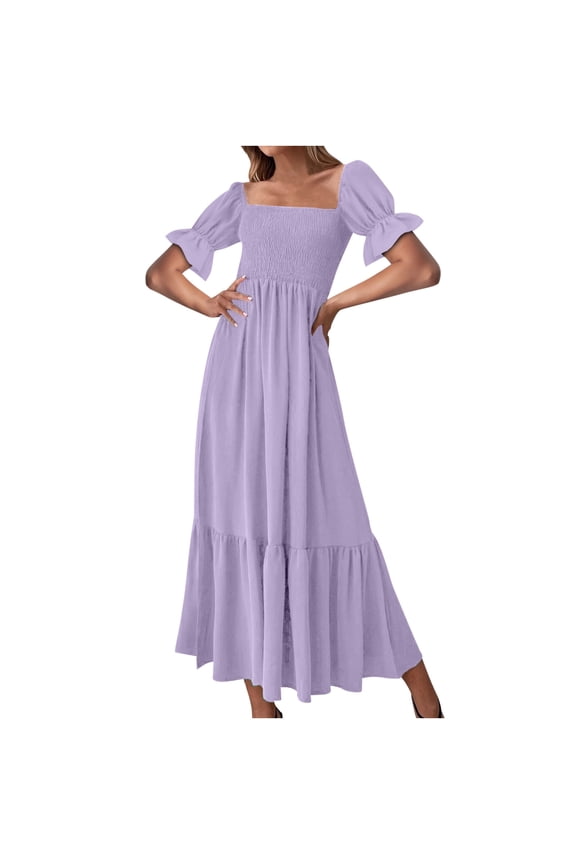Womens Tunic Maxi Long Dress Ball Gown Summer Ruffle Sleeve Short Sleeve Dresses for Women 2024 Spring Retro Solid Sundress Fashion Slim Fit Flowy High Waist Tiered Big Swing Purple 14