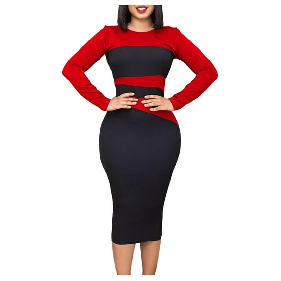 Olyvenn Womens Tunic Midi Wrapped Hip Dresses Fashion Slip Elegant Color Block House Dress Round Neck Blouse Work Office Slim Fit Skinny Patchwork Smocked Raglan Long Sleeve Prom Dress Red 8