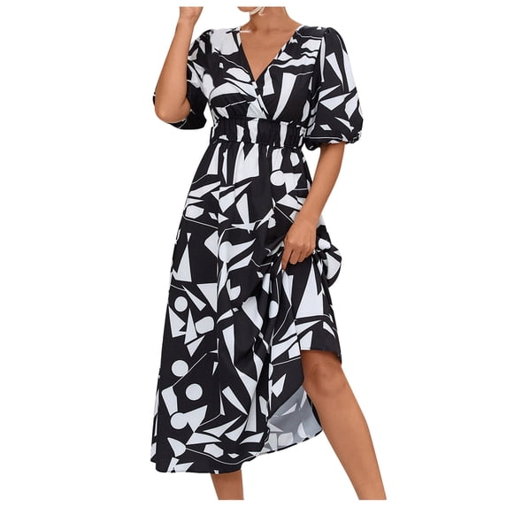 Olyvenn Womens Tunic Tied Babydoll Dress Summer Puff Short Sleeve Prom Dresses for Women 2024 Spring Funny Geometric Pattern Sundress Fashion Bandage High Waist Slim Fit Flowy Casual Black 4