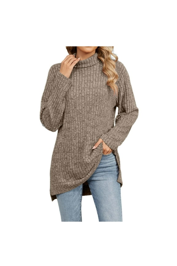 Womens Tunic Tops Turtleneck Long Sleeve High Low Lightweight Sweaters Turtleneck Pullover Long Sleeve Winter Tops Coffee 6