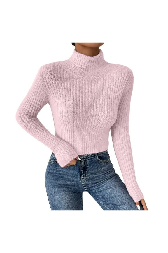 Womens Turtle-Neck Cropped Knit Sweater Tops Casual Plus Size Loose Women Fashion Soild Pullover Long Sleeve For Women 2022 Pink S