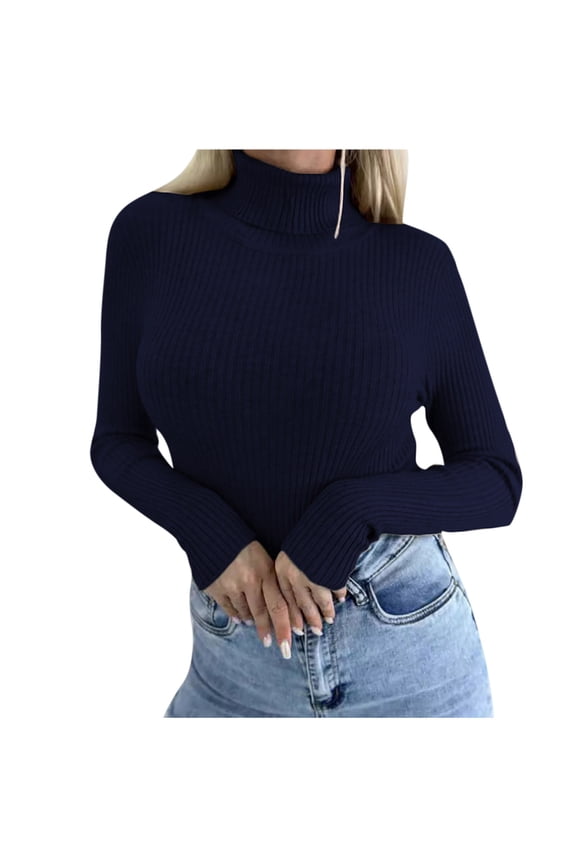 Womens Turtleneck Sweater Long Sleeve Ribbed Jumper Basic Turtle Neck Casual Fall Fashion Basic Layering Knit Top Navy L