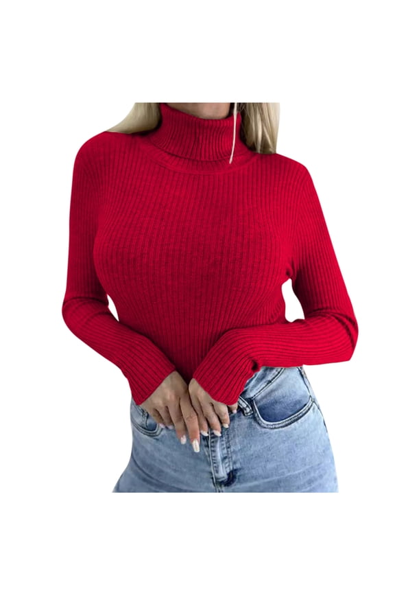 Womens Turtleneck Sweater Long Sleeve Ribbed Jumper Basic Turtle Neck Casual Fall Fashion Basic Layering Knit Top Red S