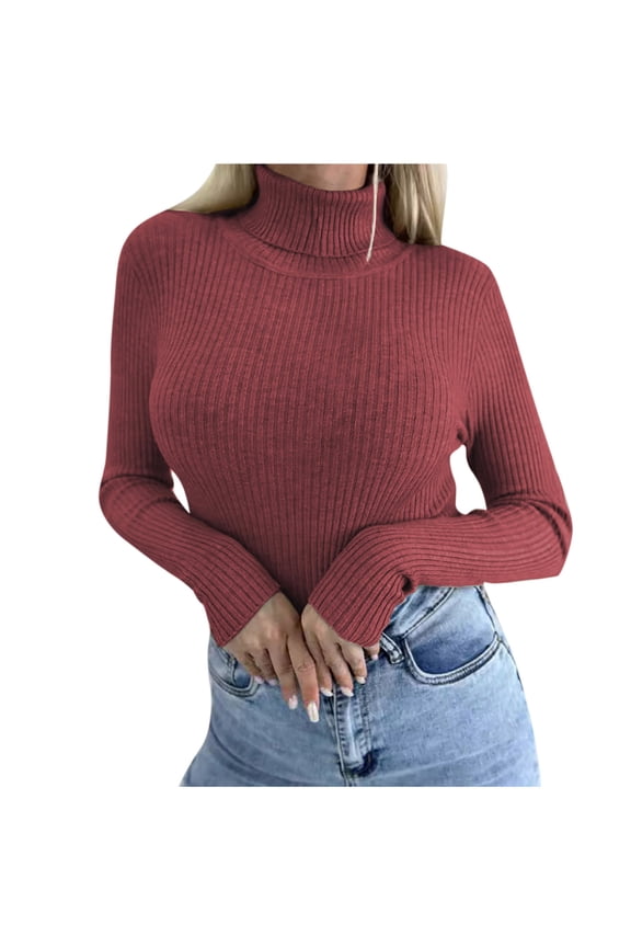 Womens Turtleneck Sweater Long Sleeve Ribbed Jumper Basic Turtle Neck Casual Fall Fashion Basic Layering Knit Top Watermelon Red S