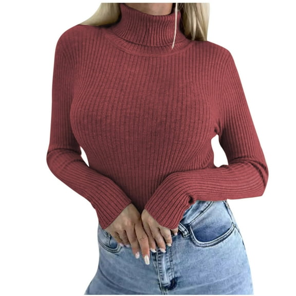 Olyvenn Womens Turtleneck Sweater Long Sleeve Ribbed Jumper Basic Turtle Neck Casual Fall Fashion Basic Layering Knit Top Watermelon Red XL