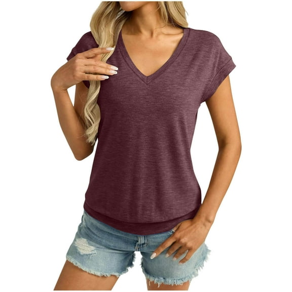 Olyvenn Womens V Neck Cap Sleeve T Shirts Banded Bottom Top Loose Fit Short Sleeves Tee Casual Summer Basic Tops 2025 Brown L
