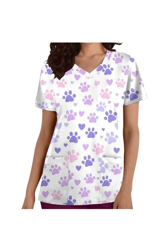 Womens V Neck Printed Scrub Tops Plus Size Medical Nursing Tops Loose Casual Floral Scrubs with Pocket Watermelon Red M