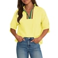 thumbnail image 1 of Olyvenn Womens V Neck Striped Blouse Oversized Dolman Sleeve Tops Summer Casual Loose Fit Casual Collared Shirts Yellow XXL, 1 of 6