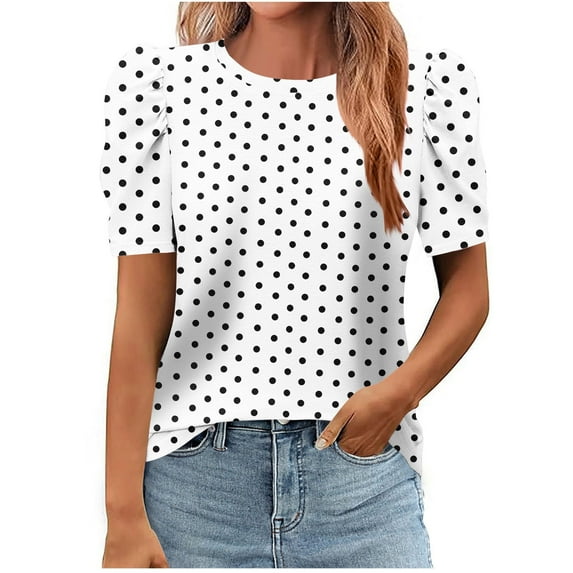 Olyvenn Womens V Neck Summer Tops Puff Sleeve Short Sleeve T Shirts Polka Dot Print Dressy Casual Comfy Tunic Loose Fit Tee White L