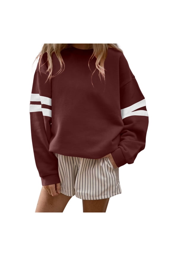 Womens Varsity Striped Oversized Sweatshirt Crewneck Long Sleeve Casual Fashion Pullover Top Spring Fall Outfits Wine XXXL