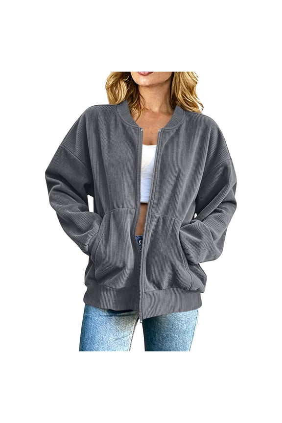 Womens Vertical Texture Bomber Jacket Ribbed Hem & Cuff Full Zip Front Side Pockets Boxy Oversized Silhouette for Brunch Date Park Gathering Gray S