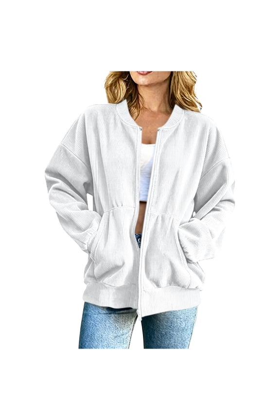 Womens Vertical Texture Bomber Jacket Ribbed Hem & Cuff Full Zip Front Side Pockets Boxy Oversized Silhouette for Brunch Date Park Gathering White S