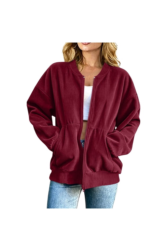 Womens Vertical Texture Bomber Jacket Ribbed Hem & Cuff Full Zip Front Side Pockets Boxy Oversized Silhouette for Brunch Date Park Gathering Wine S