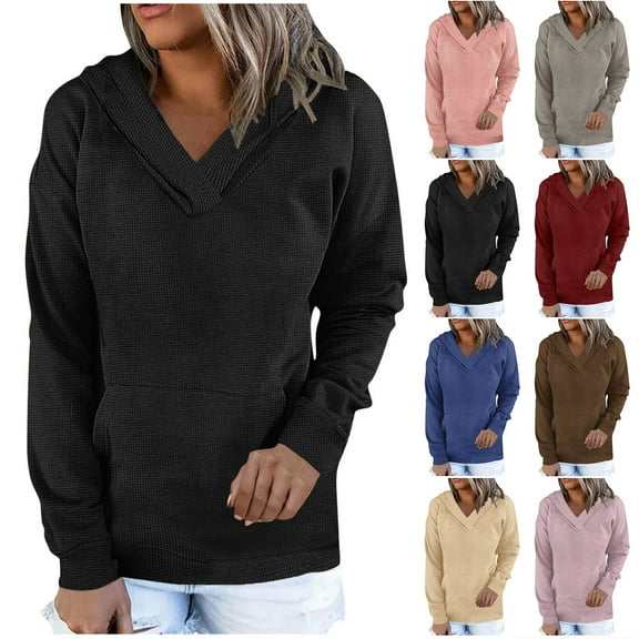 Olyvenn Womens Waffle Hoodies Ladies 2025 Sweatshirt Spring Long Sleeve Loose Side Slits Stacked V Neck Tops With Pockets Black 16-18