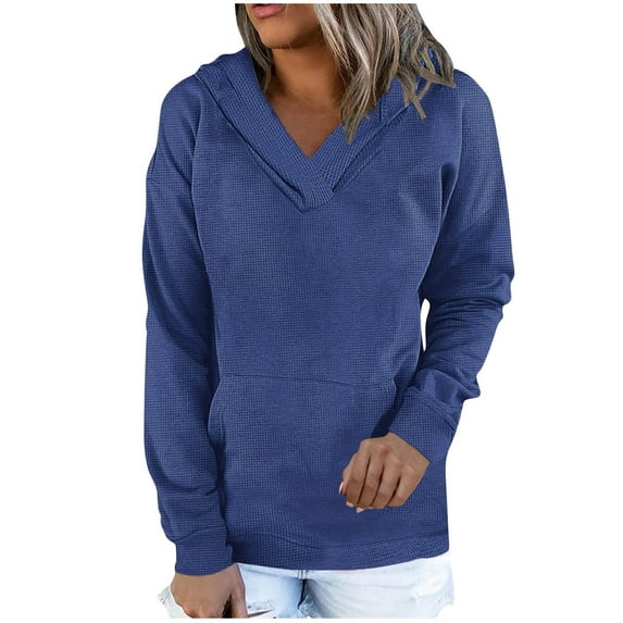 Olyvenn Womens Waffle Hoodies Ladies 2025 Sweatshirt Spring Long Sleeve Loose Side Slits Stacked V Neck Tops With Pockets Blue 16-18
