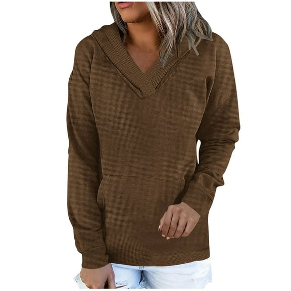 Olyvenn Womens Waffle Hoodies Ladies 2025 Sweatshirt Spring Long Sleeve Loose Side Slits Stacked V Neck Tops With Pockets Brown 8-10