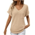 thumbnail image 1 of Olyvenn Womens Waffle Knit Tops 2025 Summer V Neck Shirts Casual Trendy Rolled Short Sleeve Blouses Basic Tee Tunic with Pocket Khaki M, 1 of 8