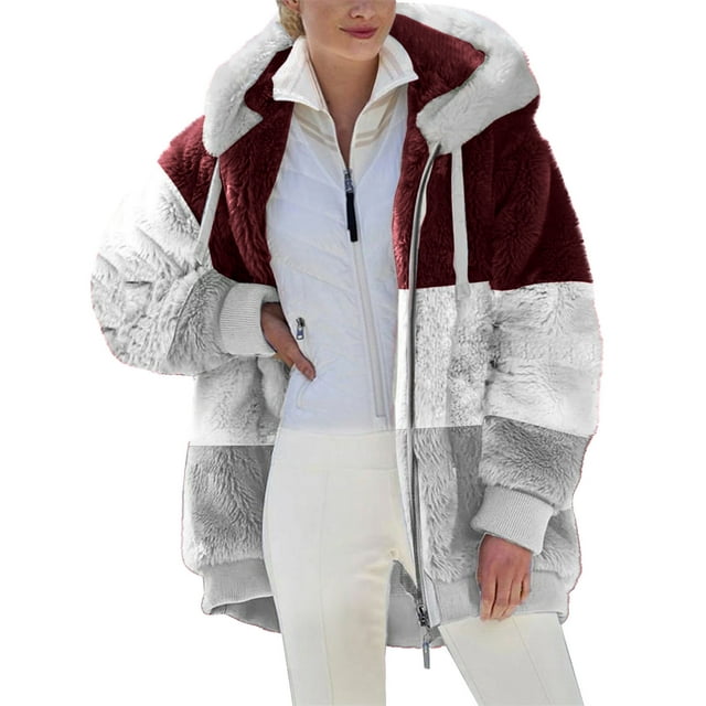 Olyvenn Womens Warm Faux Coat Plush Color Block Hooded Jacket Women's ...