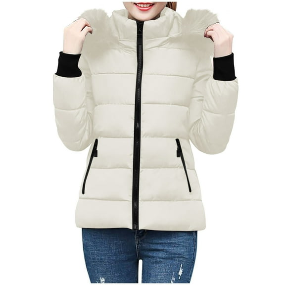 Olyvenn Womens Warm Winter Puffer Coats 2025 Trendy Hooded Jackets Thicken Down Coat with Hood Fur Lightweight Beige XL