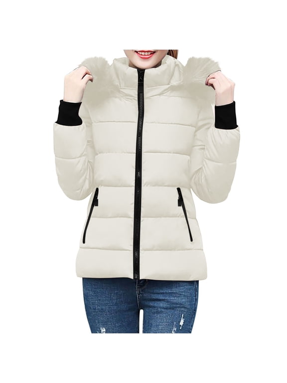 Womens Warm Winter Puffer Coats 2025 Trendy Hooded Jackets Thicken Down Coat with Hood Fur Lightweight Beige XXL