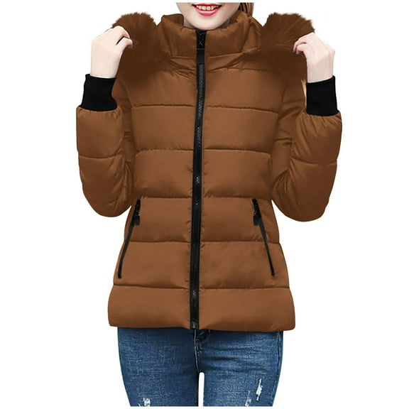 Olyvenn Womens Warm Winter Puffer Coats 2025 Trendy Hooded Jackets Thicken Down Coat with Hood Fur Lightweight Coffee XL