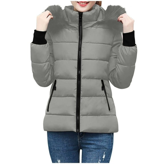 Olyvenn Womens Warm Winter Puffer Coats 2025 Trendy Hooded Jackets Thicken Down Coat with Hood Fur Lightweight Gray M