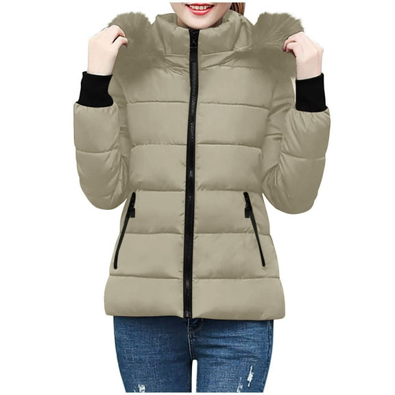 Olyvenn Womens Warm Winter Puffer Coats 2025 Trendy Hooded Jackets Thicken Down Coat with Hood Fur Lightweight Khaki L