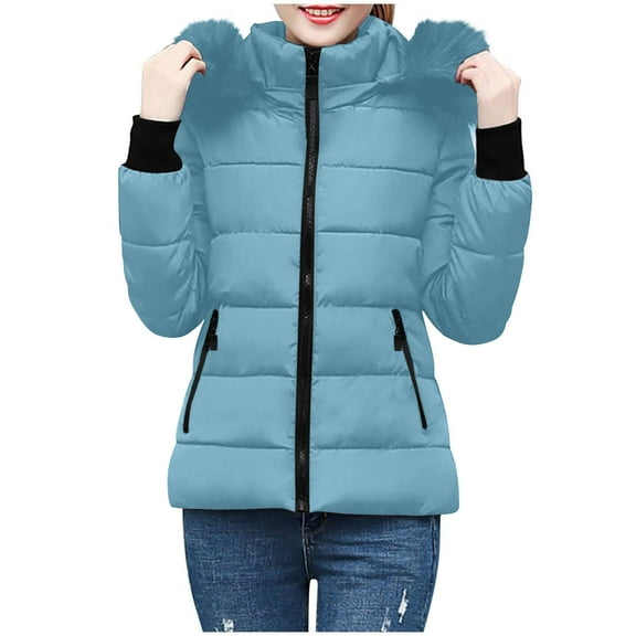 Olyvenn Womens Warm Winter Puffer Coats 2025 Trendy Hooded Jackets Thicken Down Coat with Hood Fur Lightweight Light Blue M